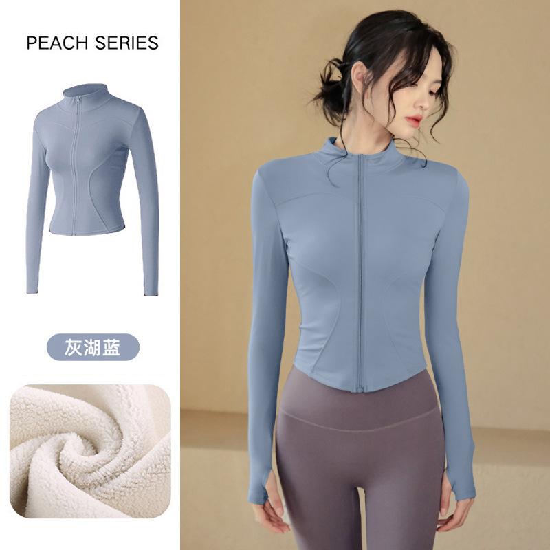 Spring warm tight stand-up neck cardigan slim yoga clothes jacket fitness clothes women's thick velvet running sports jacket