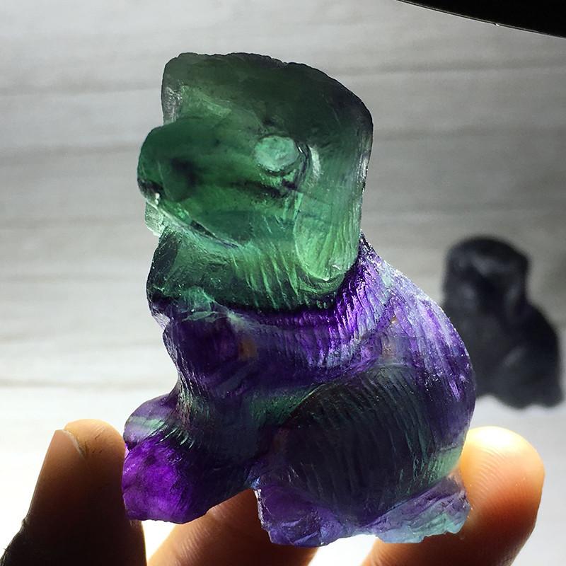 Exquisite Hand-carved Fluorite Dog In Natural Colourful Quartz For Enchanting Home Decor