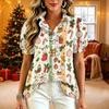 Women's Casual V-Neck Ruffle Short Sleeve Button-Front Top with Christmas Print