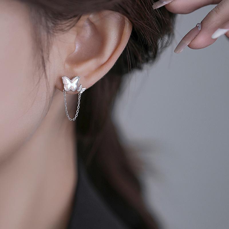 Butterfly Chain Stud Earrings Long Internet Celebrity Exquisite Women'S Flash Diamond Moonstone Earrings