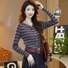 Casual Style Design Sense Age-reducing Color Matching Striped Knitted Sweater Long-sleeved New Temperament Cardigan with Bottoming Shirt Top