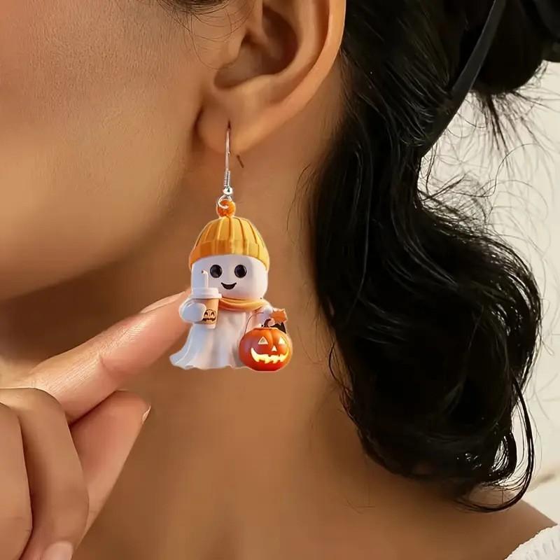 Cartoon Halloween Themed Ghost Milk Tea Pumpkin Pattern Women Acrylic Earrings