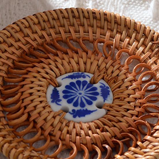 Handmade Rattan Coasters Heat Insulation Pads Kitchen Table Mats with Ceramic Inlay Decorative Placemats for Dining Room Bar