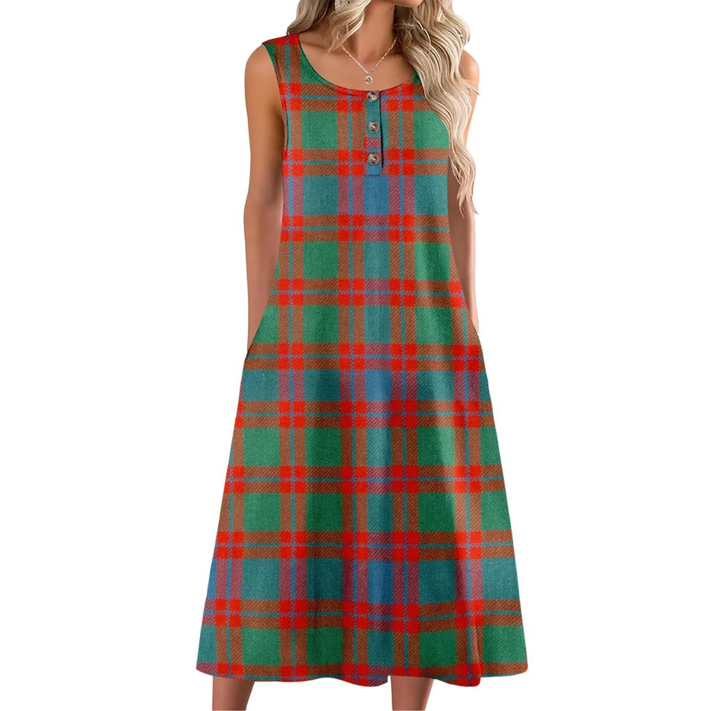 Women's Fashion Casual Sleeveless Button Plaid Print Dress with Pocket