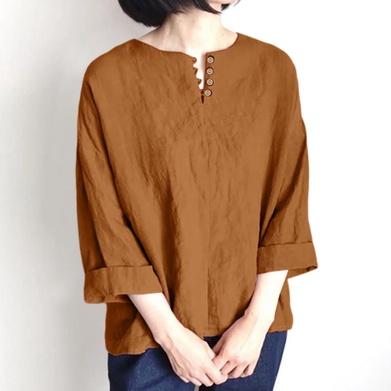 ZANZEA Blusa Casual de Mujer de Cuello Redondo Suelta de Manga 3/4 Lisa