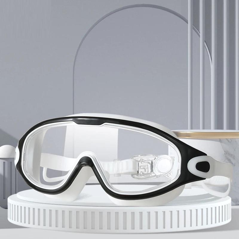 Big Frame Swimming Goggles Adults with Earplugs Swim Eyeglasses Men and Women Professional HD Anti-fog Goggles Silicone Eyewear