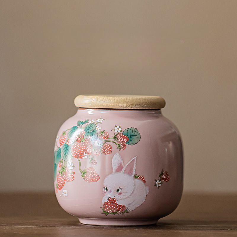 Creative Cute Strawberry Bunny Ceramic Storage Jar Portable Sealed Tea Jar Delicate Cartoon Bunny Storage Container Home Decor