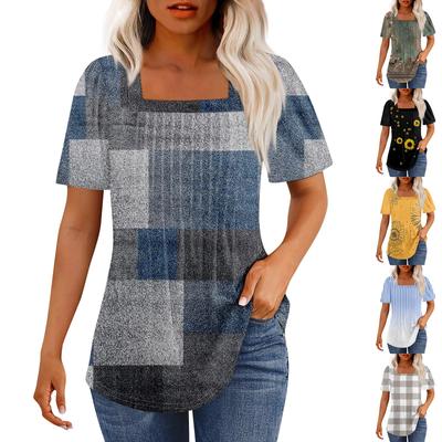 T Shirts For Women Pleated Square Neck Dressy Casual Blouses Printing Short Sleeve Summer Tops Loose Fit