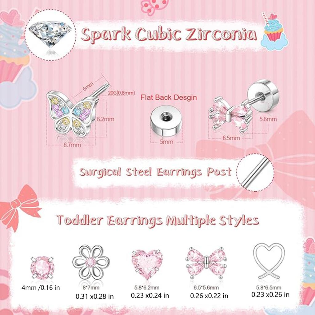 Cute Bowknot Butterfly Heart Flower Studs Surgical Steel Earrings Allergy Resistant for Sensitive Ears with Screw Back