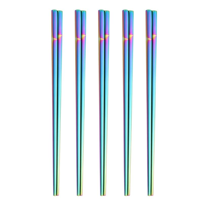 5 Paar Edelstahl-Essstäbchen mit Titanbeschichtung Spülmaschinenfest Ergonomischer Griff Metall-Tafelgeschirr