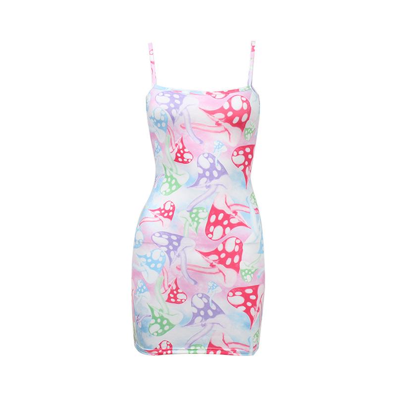 European and American Women's Clothing Summer Suspender Dress Sexy Sweet Style Plant Printing Tie-dye Hip Skirt Short Skirt Women
