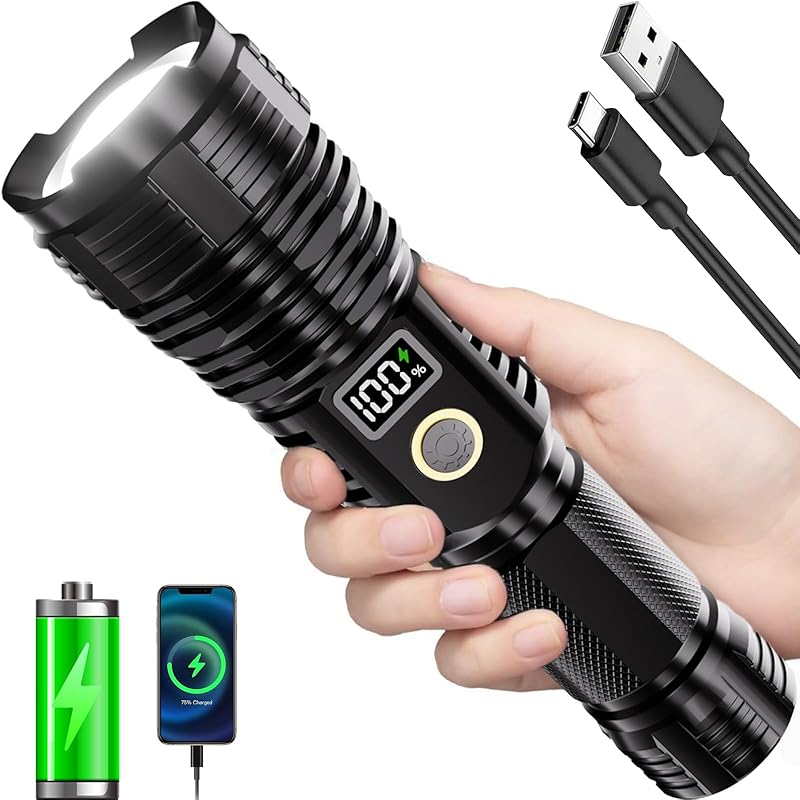 Flashlights High Lumens Rechargeable, LED Super Bright Flash Light Long Beam, Zoomable Linternas with LCD Digital Display, 5 Mode, Waterproof,