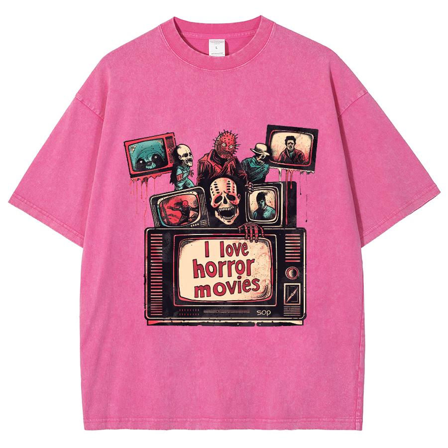 Horror Movie Style Cartoon Print T-Shirt Oversized Elastic Short Sleeves Comfortable Breathable Design Funny Top