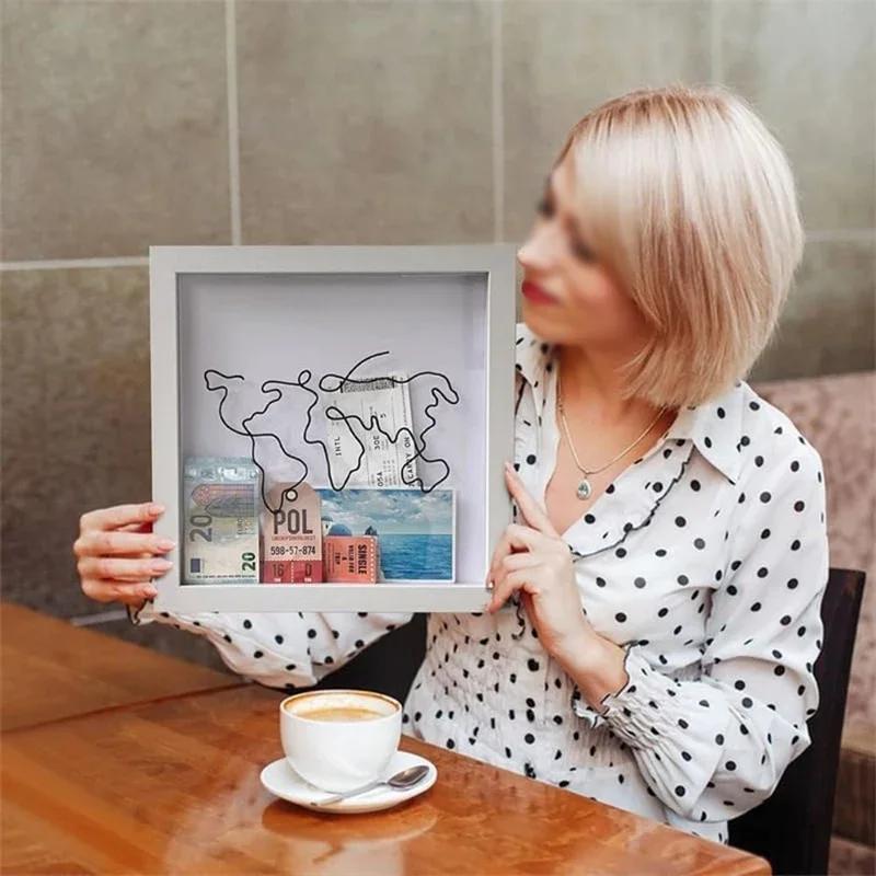 Travel Adventure Archive Box Ticket Bank Money Box Piggy Wooden Coin Saving Kids Fund Box Postcard Souvenir Wall Picture Frame