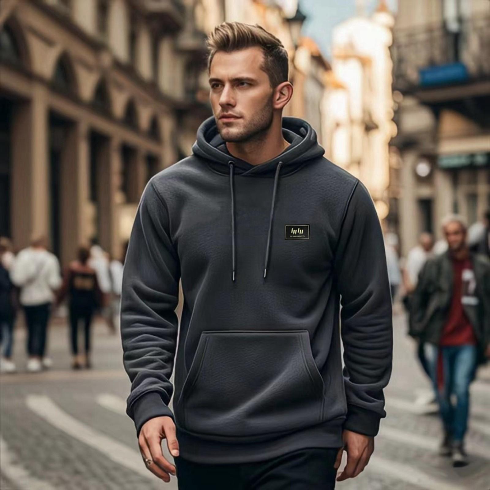 Men s Solid Color Print Casual Hooded Sweatshirt Long Sleeve Pullover Sweatshirt M