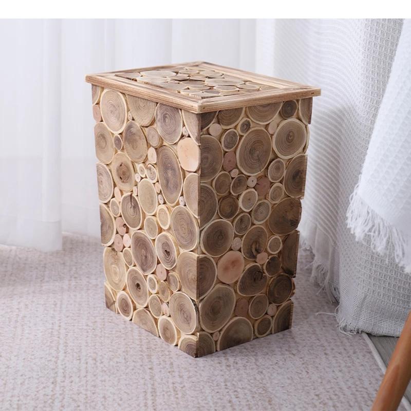 Wooden Trash Bin Living Room Chip Splicing Process Technology with Lid Paper Basket Decor Home Items