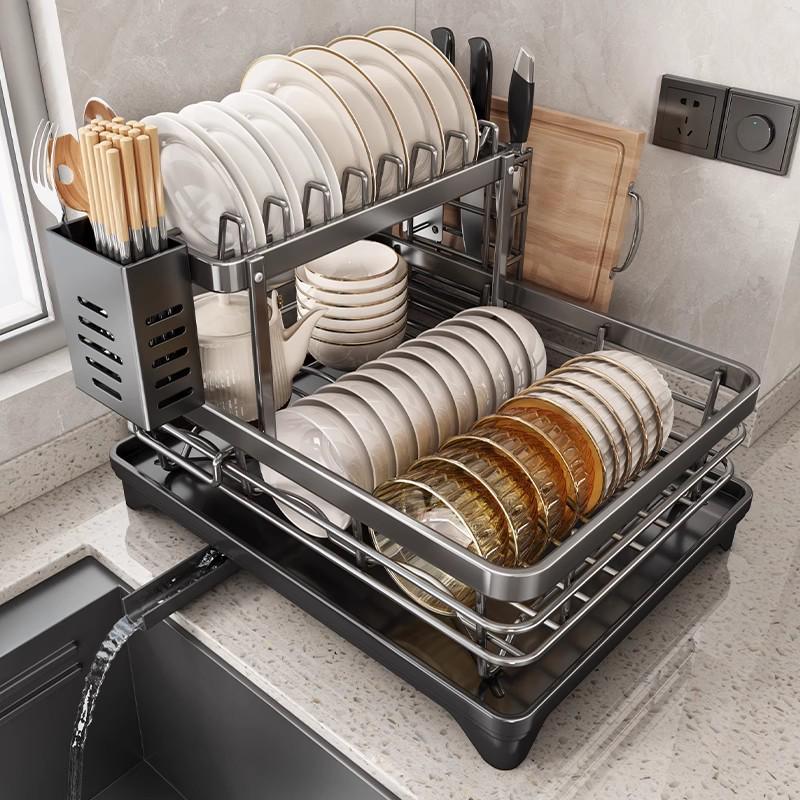 Stainless Steel Double Layer Dish Rack: Drains Bowls, Plates, and Chopsticks
