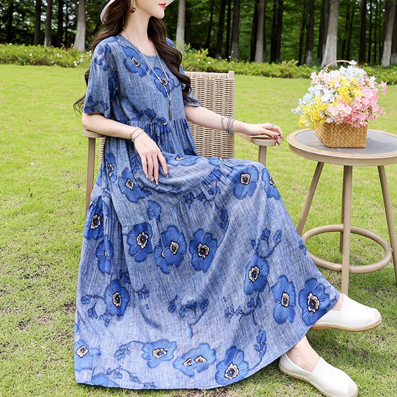 Elegantes Sommerkleid für Damen, Vintage-Kleidung, Übergröße, lässig, kurzärmelig, lange Kleider