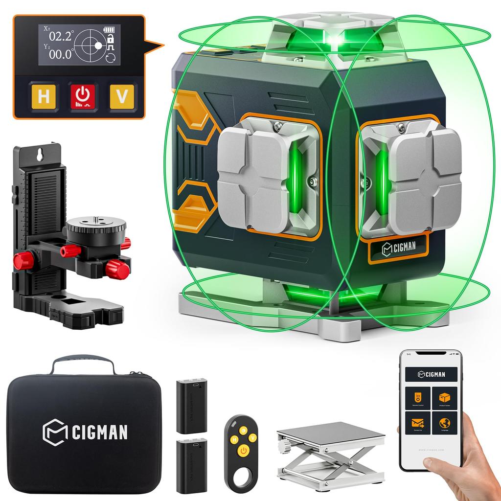 CIGMAN 4D Laser Level with Remote Control and LCD Laser Up To 52 Hours of Suitable for Hanging Photos and Construction CM-S02 App, Display, 4x360°