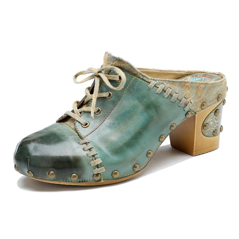 Fashion Denim Sandals 7.5cm Ethnic Sewing Sheepskin Natural Leather Summer Chunky Heels Women Slippers Handmade Moccasins Shoes