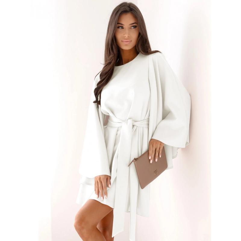 

YYFS женские модные весенне-осенние однотонные повседневные платья с длинным рукавом и круглым вырезом с высокой талией и принтом S белый