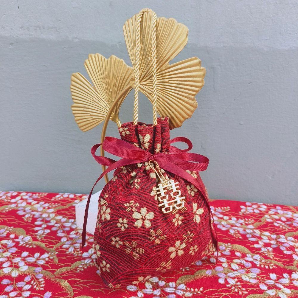 Pearl Pendant Canvas Flower Drawstring Bag Stripe Bowknot Floral Tassel Handbag  Wedding
