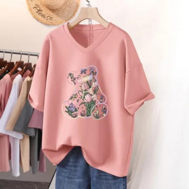 Short-sleeved T-shirt for Women, Large Size, Loose and Slimming, Printed V-neck Top