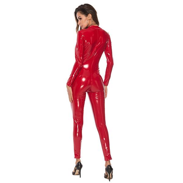 Mote for kvinner Langermet Maling Skinn Kattedrakt PVC Lateks Bodysuit Glidelås foran Åpen skritt Elastisk Klubb Jumpsuit