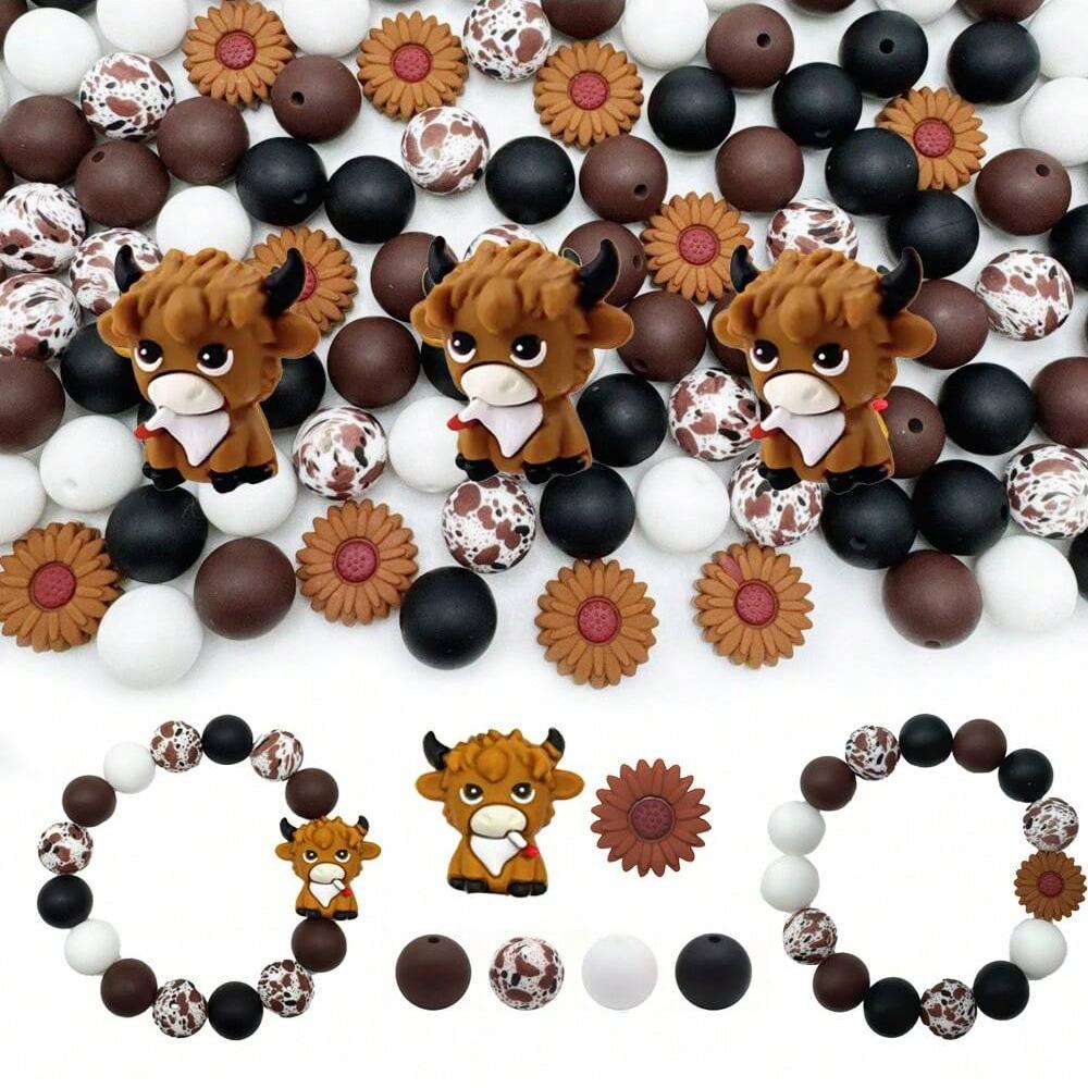 

30/39PCS Highland Cow Silicone Bead Set, used for DIY jewelry making, handmade jewelry gift set, with pen, necklace, keychain
