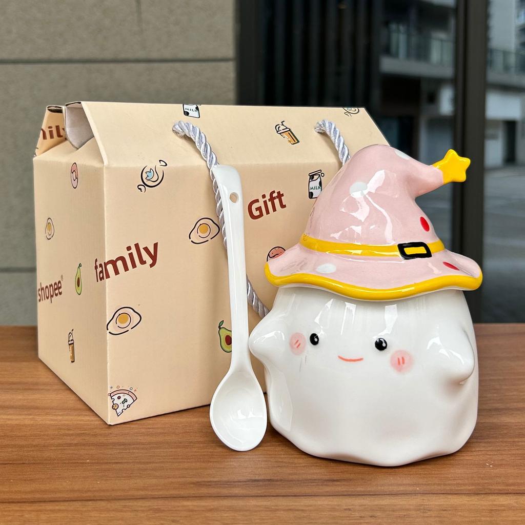 Tag des Lehrers Geschenk Niedlicher Rosa Geist Becher mit Deckel Keramik Wasserbecher Mädchen Geburtstag Praktischer Kreativer Becher