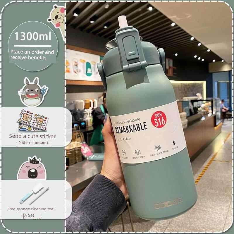 German-Style Large-Capacity Thermos Cup for Women, High Aesthetic Value, 316 Stainless Steel Straw Water Bottle, Large Capacity for Men and Women