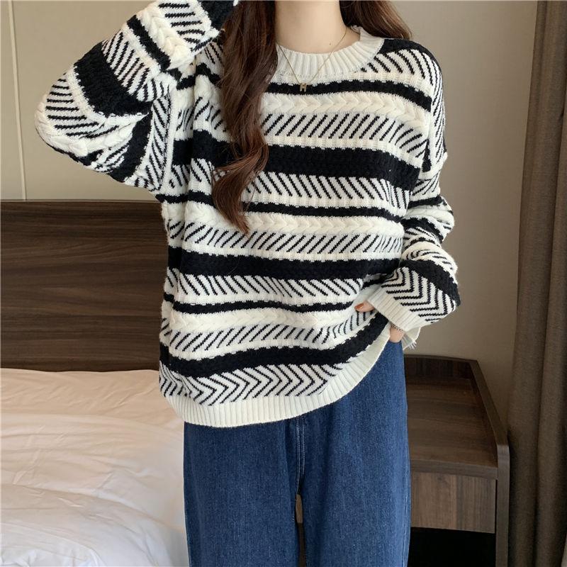 

Японский вялый полосатый свитер с круглым вырезом для женщин весна-осень свободный и универсальный темперамент, топ Design Sense Niche S чёрный