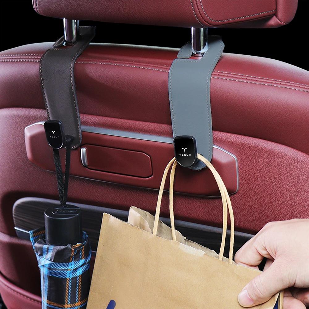 Car Sticker 2025 New Tesla Car Seat Back Hook Pu Leather Load-bearing Wear-resistant Hook Storage Hanger For Tesla Model 3 Roads