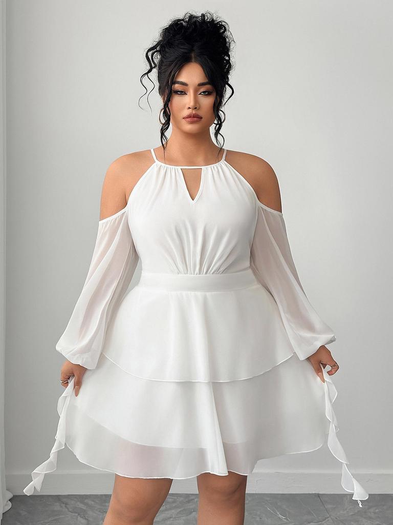 European & American Plus Size Off-the-Shoulder Ruffle Dress with Sweetheart Neckline and Lantern Sleeves