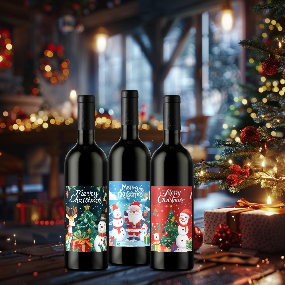9pcs Christmas Decoration Wine Bottle Waterproof Stickers 5x3.93inch Christmas Wine Label, Christmas Party Decoration