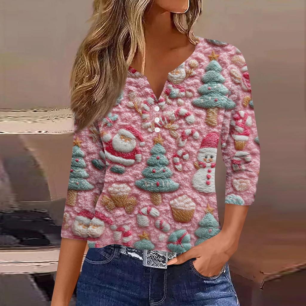 Damenmode Lässig Halloween Bedruckt V-Ausschnitt Kurzarm Zierknopf Dreiviertelarm T-Shirt Top