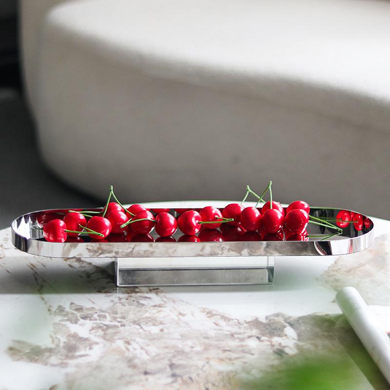 Modern Art Crystal Base Fruit Plate, Luxurious Stainless Steel Tray, Dessert Plate, Kitchen, Dining Table, Long Storage Tray