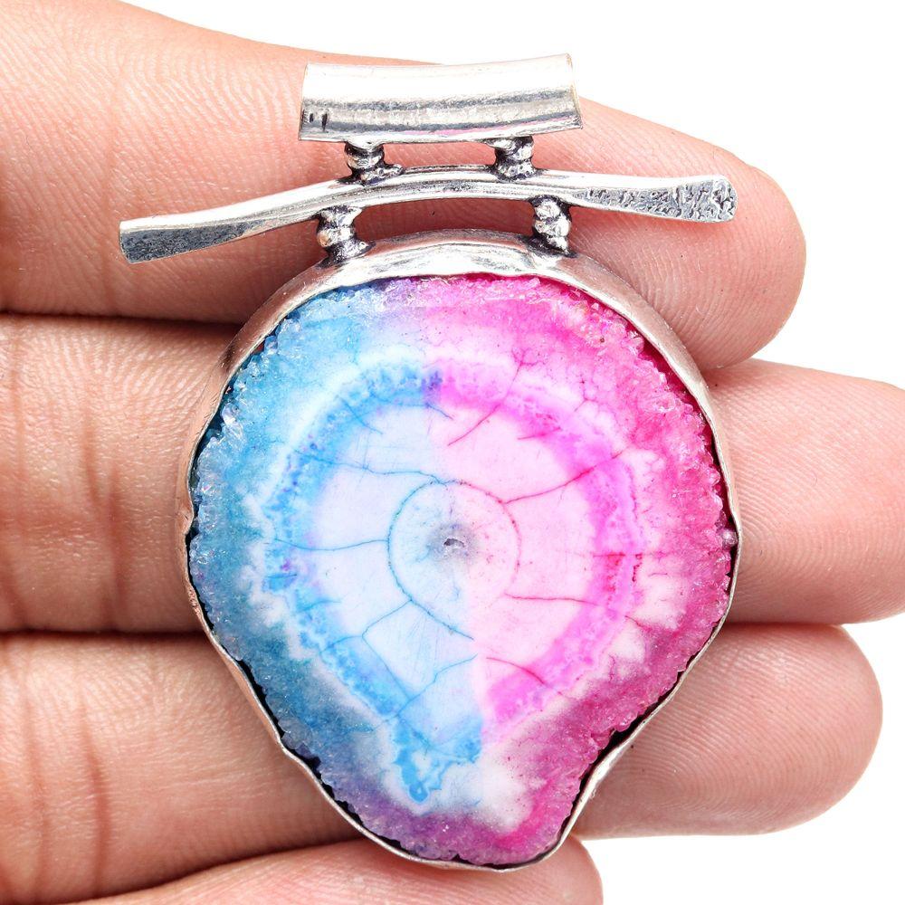 Pendant Multi Solar Drusy Gemstone Gift For Her Silver Jewelry 2"