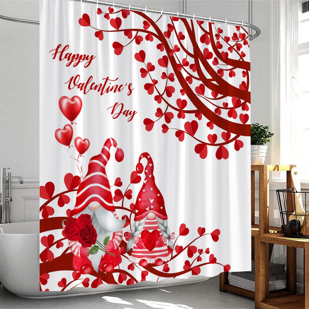 Valentine's Day Shower Curtains Cute Animals Highland Cattle Pig Flamingo Elf Heart Red Rose Bath Curtain Fabric Bathroom Decor