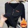 Thicken Warm Plus Velvet Winter Sweaters Women Casual V-neck Button Decoration Design Basic Solid Knit Pullover Bottomed Jumpers