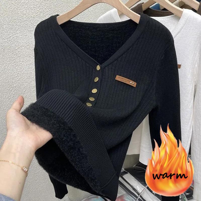 Thicken Warm Plus Velvet Winter Sweaters Women Casual V-neck Button Decoration Design Basic Solid Knit Pullover Bottomed Jumpers