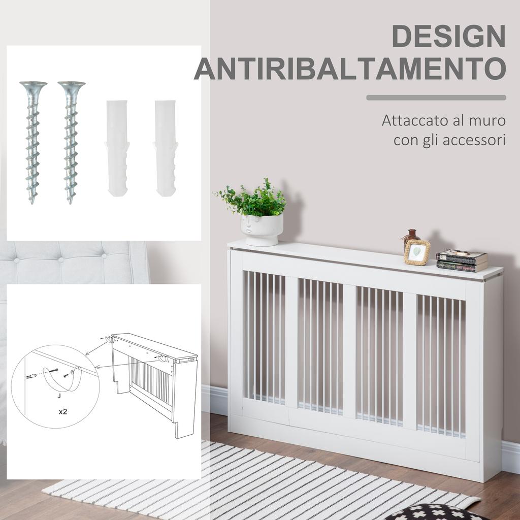 Modern and Elegant Slatted Radiator Cover for the Home, in MDF and Steel, 120x18x84cm, White