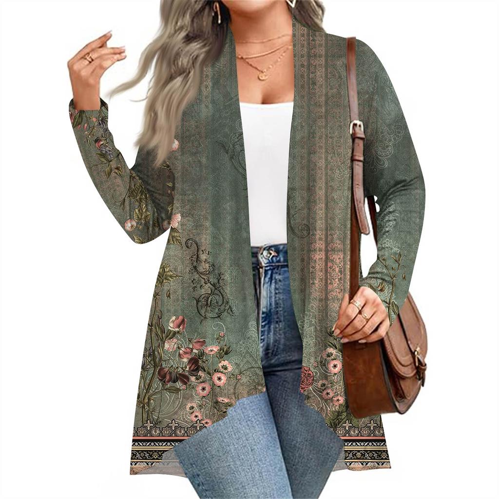 Cárdigan de Punto de Largo Medio para Mujer con Estampado Casual de Moda Otoño e Invierno de Manga Larga