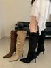 Sexy Pointed Suede Pleated Piled Boots Women's High Heel Fashion Belt Buckle Tall Thin Boots Thin Heel European and American Boots