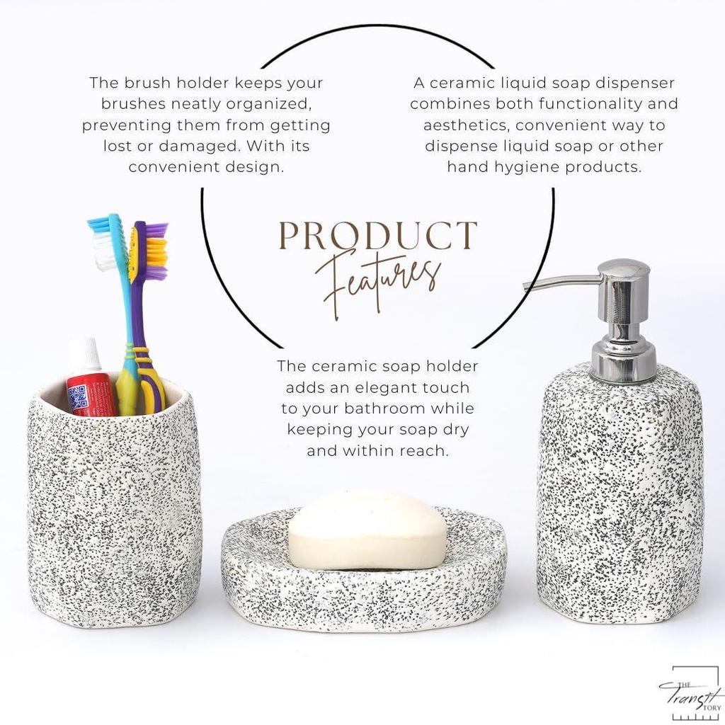Ceramic Bathroom Accessories Set of 3 | Modern Luxury Bath Set with 300ml Soap Dispenser, Toothbrush Holder & Soap Dish | Bathroom Decor Items
