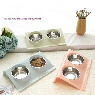 2-in-1 Cat Food and Water Bowl - Non-Skid Non-Tip Slanted Double Dish Pet Feeder with Stainless Steel Bowls for Kittens, Dogs, Small Pets