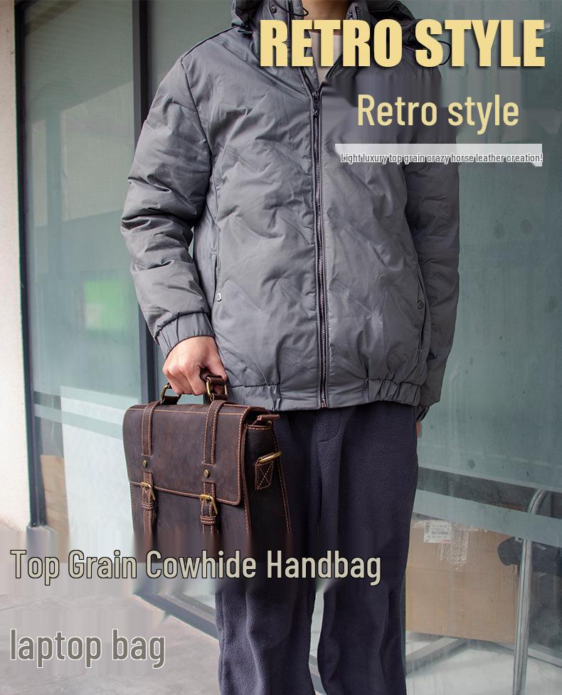 Genuine Crazy Horse Leather Men's Briefcase and Crossbody Bag