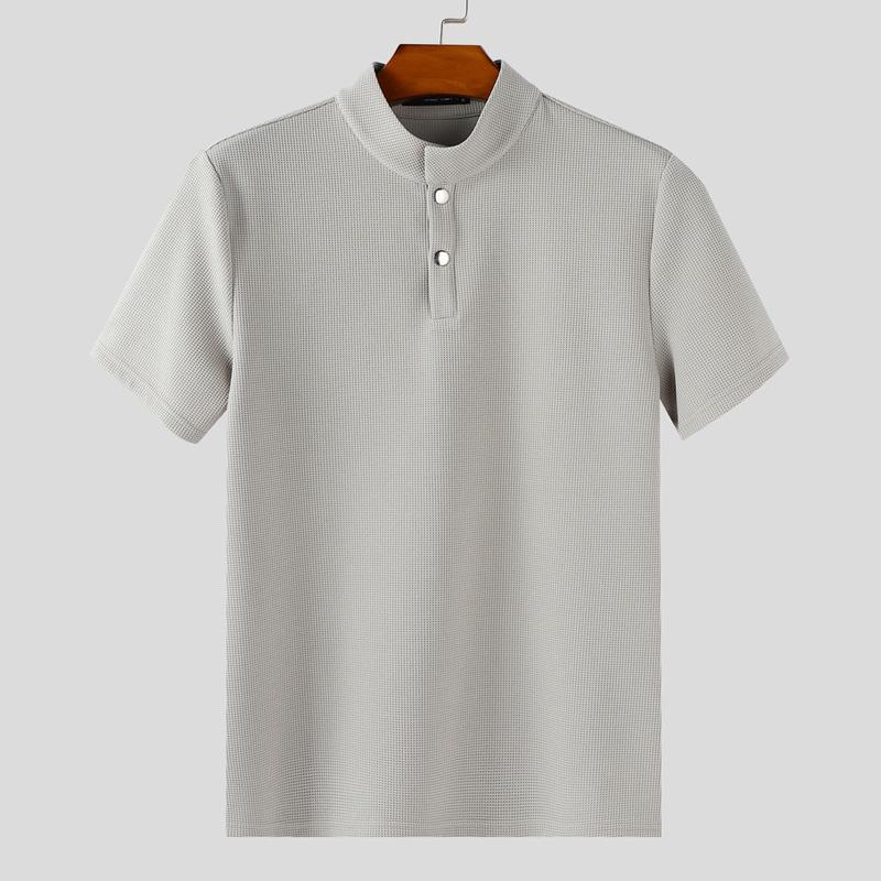 

INCERUN Мужские повседневные футболки с коротким рукавом и воротником-стойкой, однотонные, вафельной текстуры 3XL серый