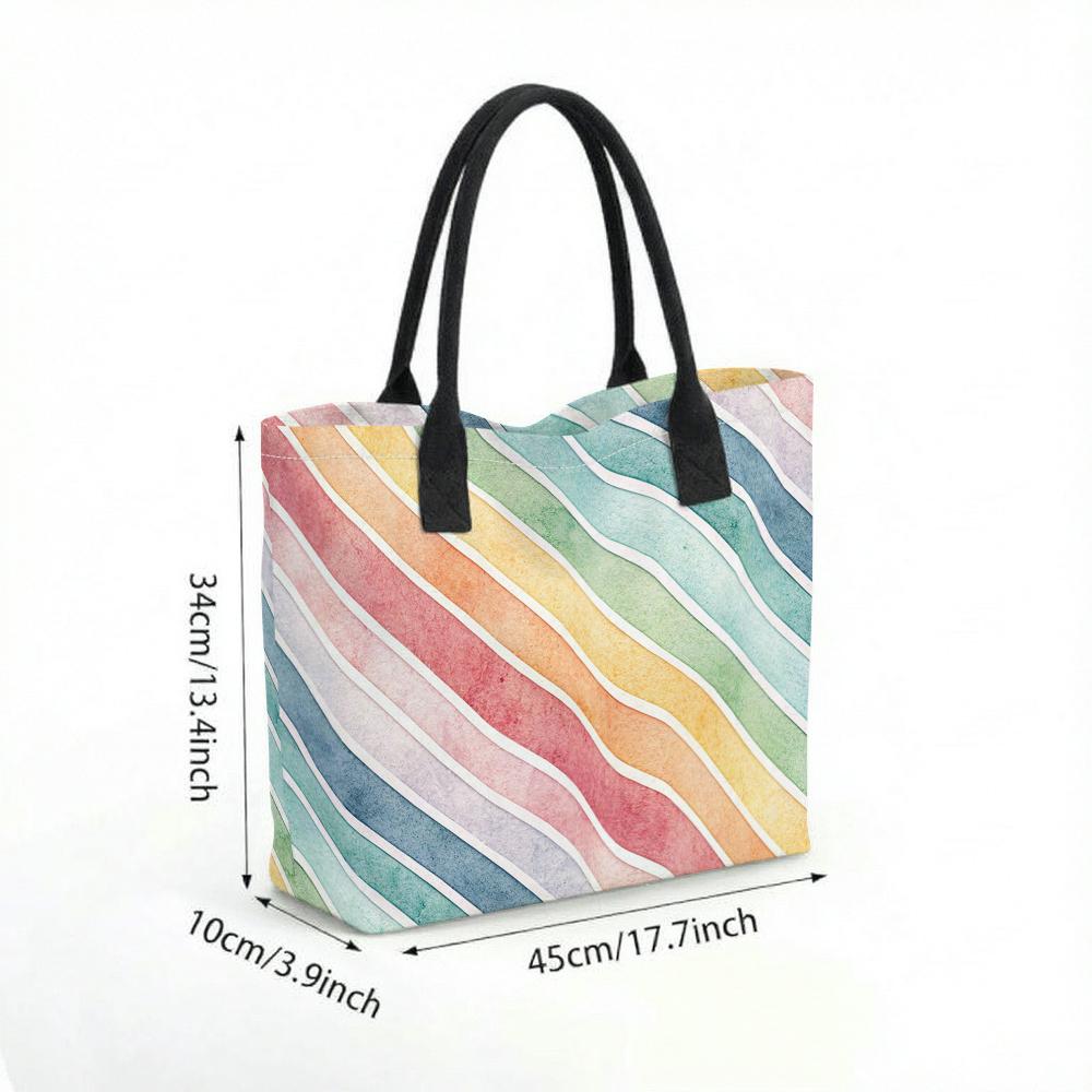 Watercolor Rainbow Striped Canvas Tote Bag Large Capacity Fashion Casual Portable Shoulder Handbag for Daily Use