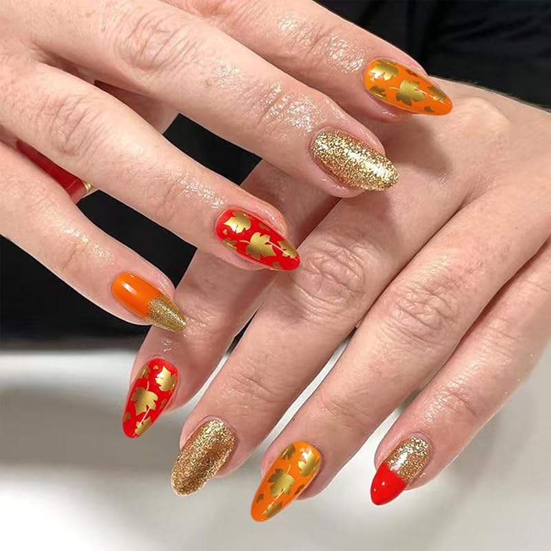 24Pcs Fall Press On Nails Medium Almond Fake Nails Glossy Glitter Maple Leaf False Nails Full Cover Thanksgiving Glue On Nails Reusable Acrylic